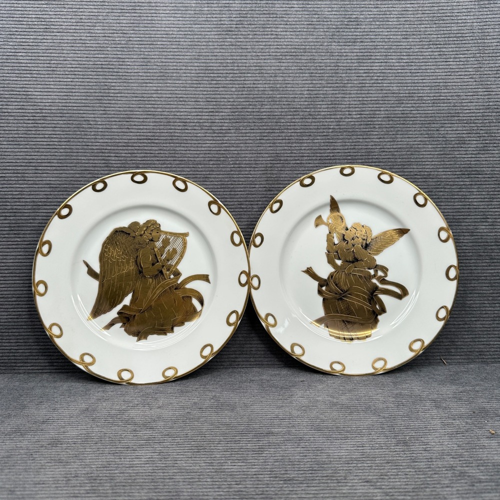 Neiman Marcus Gold Angel Porcelain Plates Set of 2 Japan Christmas Holiday 6.25"